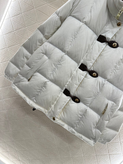 L 25 Stand collar leather button mid-length down jacket(WHITE/BLACK)