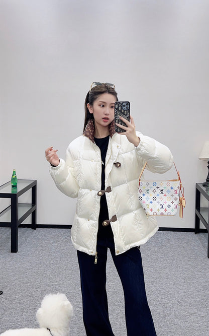 L 25 Stand collar leather button mid-length down jacket(WHITE/BLACK)