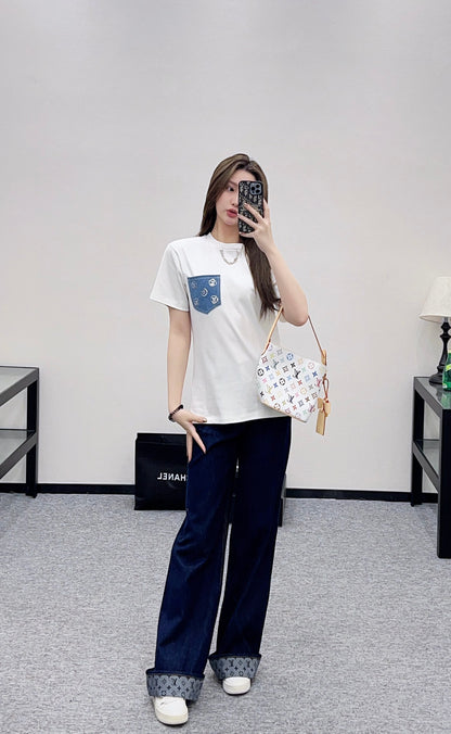 L 25 Denim sequin pocket short sleeves