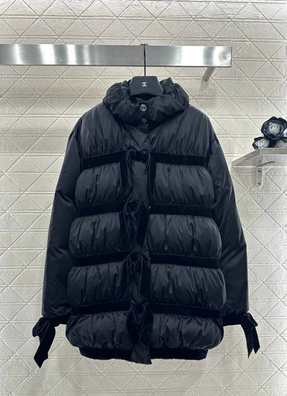 C 25 Velvet bow mid-length down jacket
