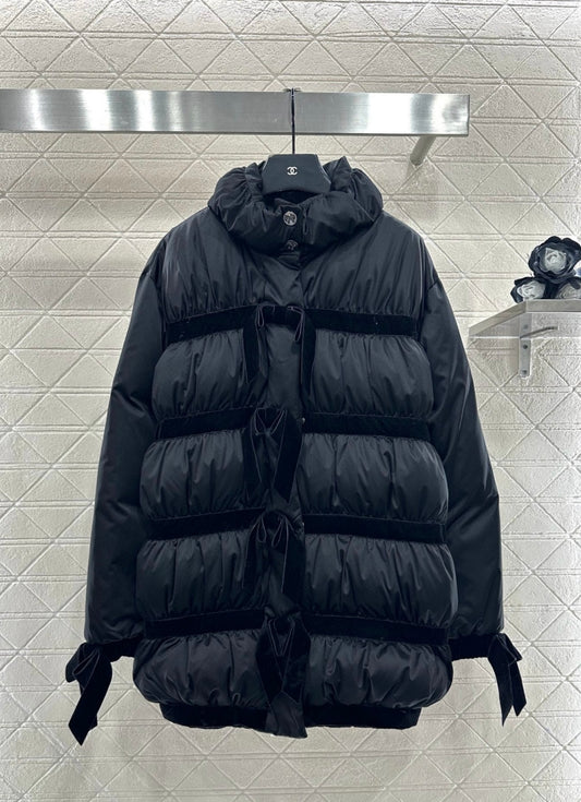 C 25 Velvet bow mid-length down jacket