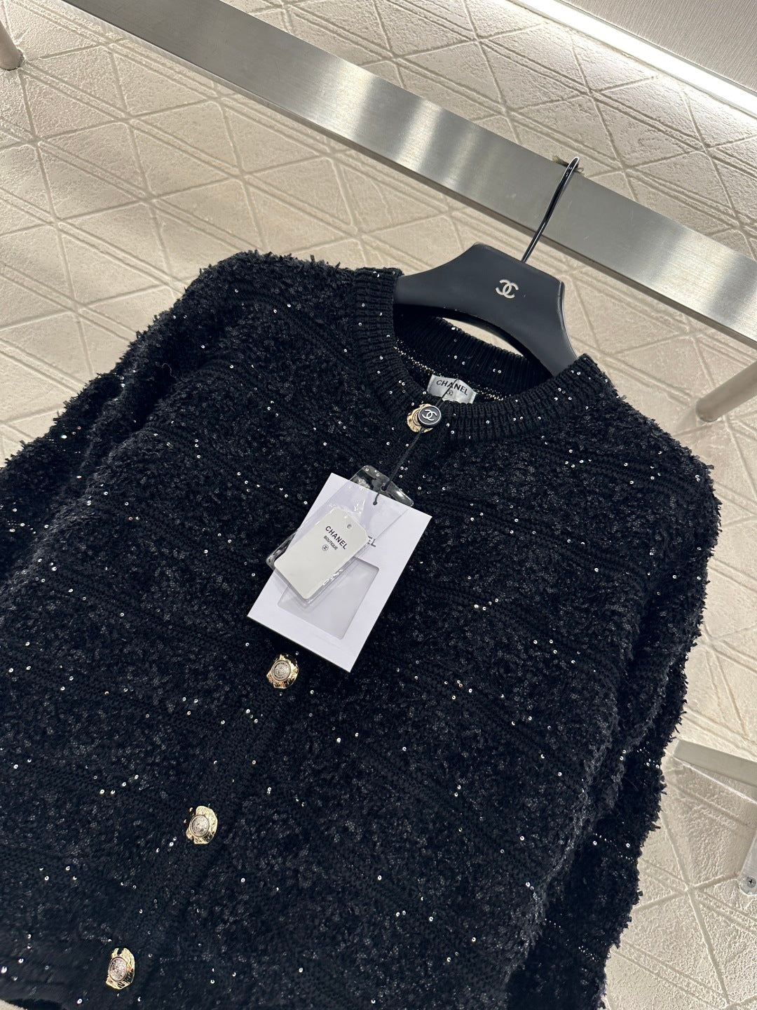 C 25 Crew-neck sequined knitted wool cardigan