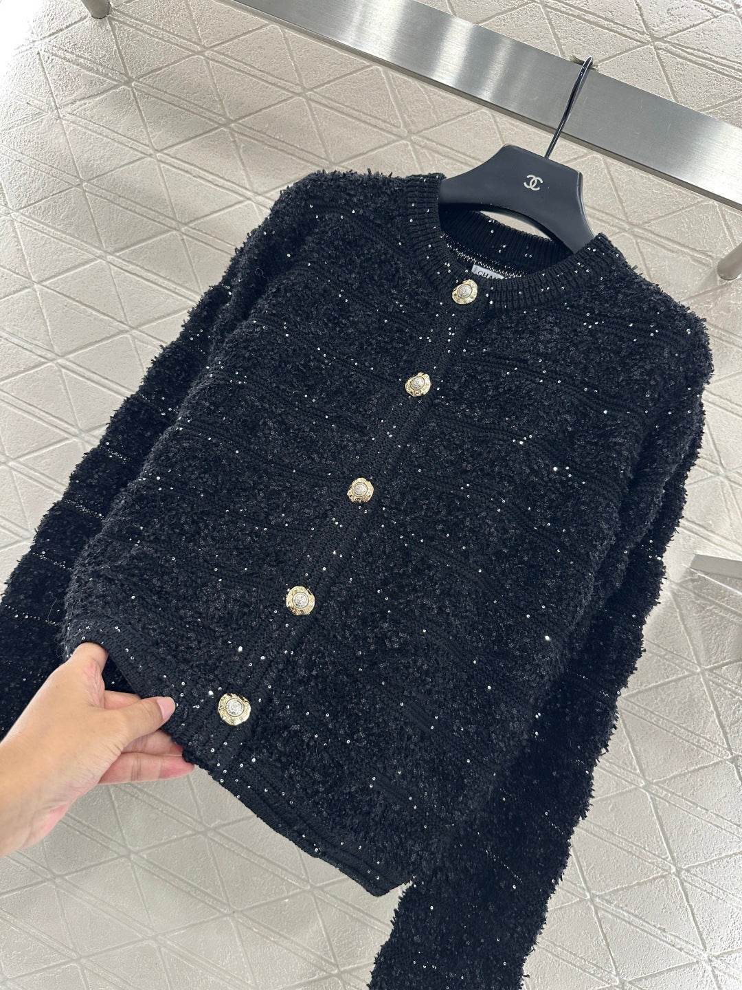 C 25 Crew-neck sequined knitted wool cardigan