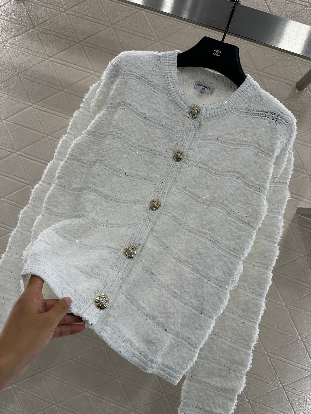 C 25 Crew-neck sequined knitted wool cardigan