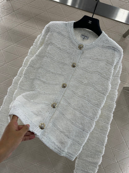 C 25 Crew-neck sequined knitted wool cardigan