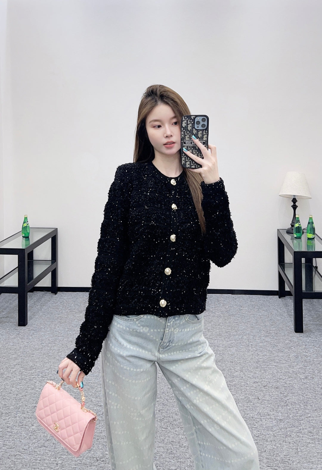 C 25 Crew-neck sequined knitted wool cardigan