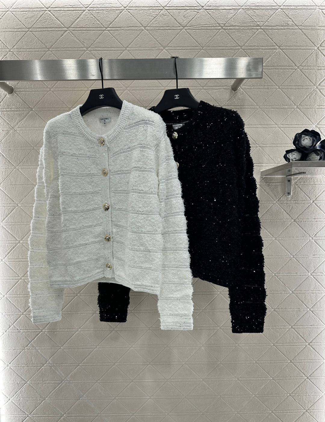 C 25 Crew-neck sequined knitted wool cardigan