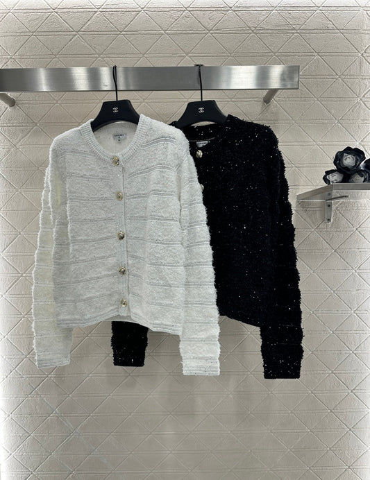 C 25 Crew-neck sequined knitted wool cardigan