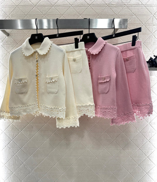 C 25 Lace Knitted Wool Cardigan + Skirt Set