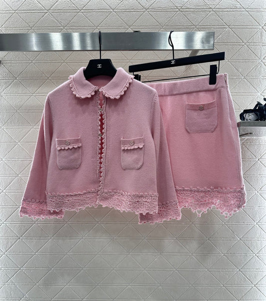 C 25 Lace Knitted Wool Cardigan + Skirt Set