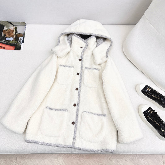 C 25 New Teddy Fur Mid-Length Hooded Jacket