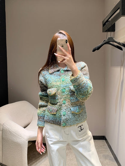 C 25K Light Green Cashmere Cardigan High-end Handicraft Series