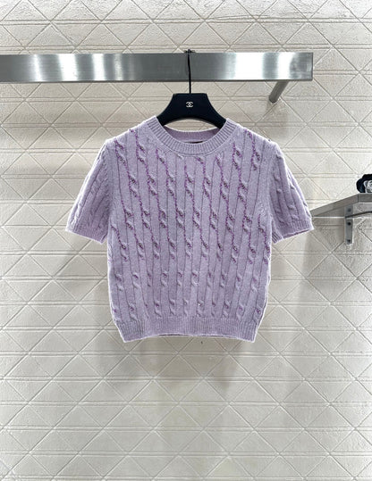Gu 25 Cable Knit Rhinestone Short Sleeves