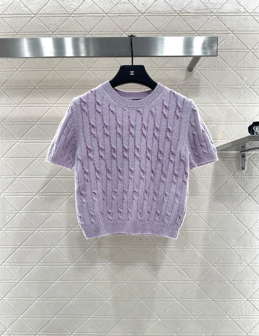 Gu 25 Cable Knit Rhinestone Short Sleeves