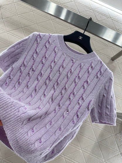 Gu 25 Cable Knit Rhinestone Short Sleeves